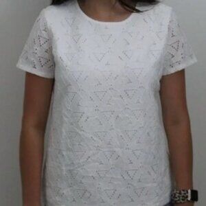L - Marc NY Soft White Lined Laser Cut Crochet Lace Overlay Short Sleeve Top